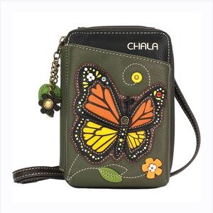 NEW CHALA  MONARCH BUTTERFLY OLIVE GREEN ZIPPERED CROSSBODY WALLET FAUX LEATHER